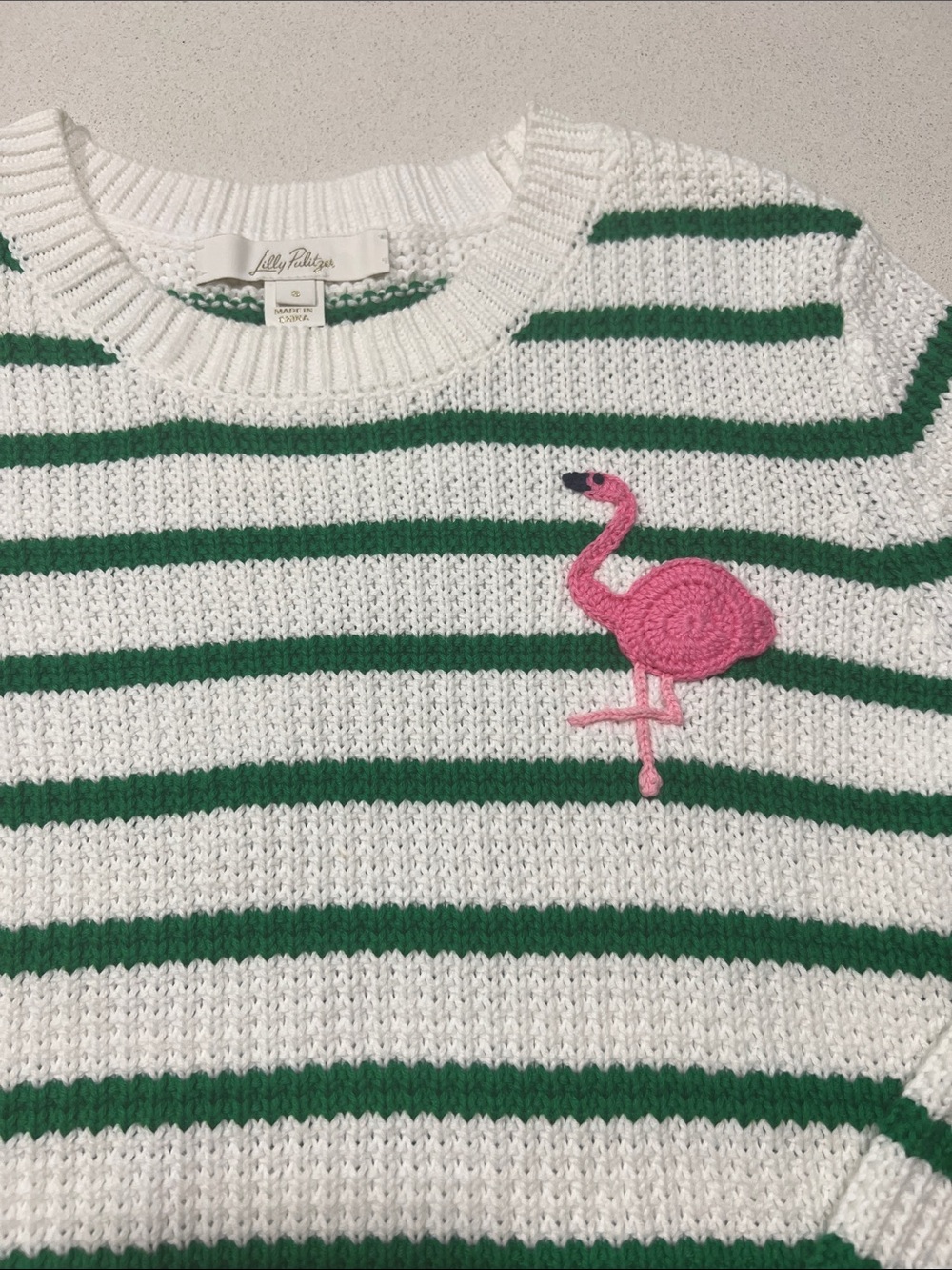 Lilly Pulitzer Jovienne Cotton Sweater, green white stripe, pink trim. Like New. - Picture 6 of 9